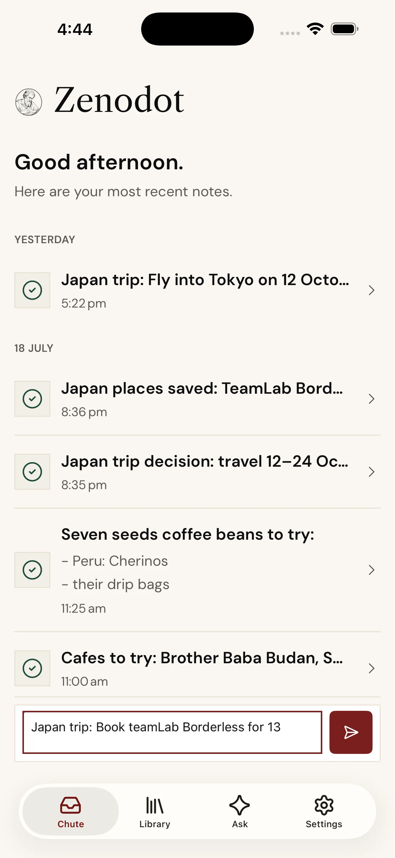 The same Zenodot Notes screen in light mode