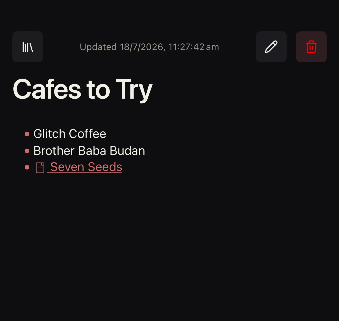 A Cafes to Try page linking to a related Seven Seeds note